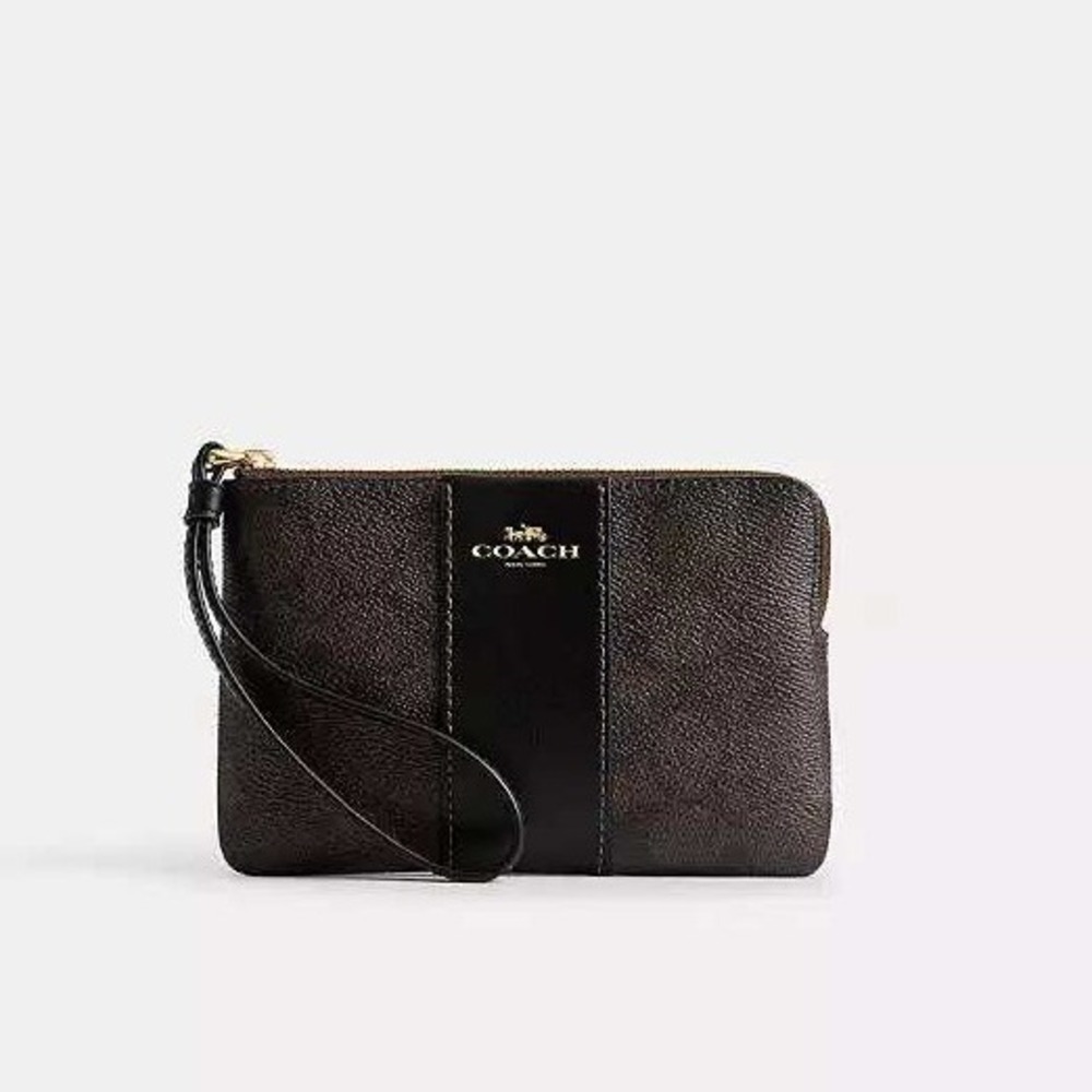 Coach Corner Zip Wristlet In Signature Canvas With Stripe Charcoal Black OS NWT